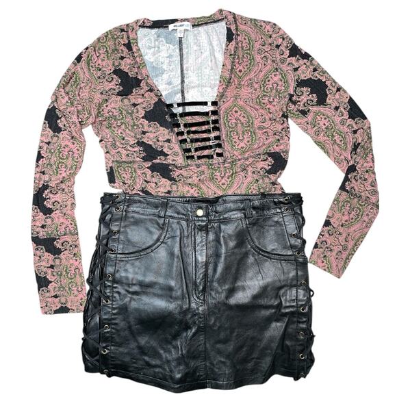 Black Side Laced Mini Leather Skirt size Medium - Picture 8 of 9